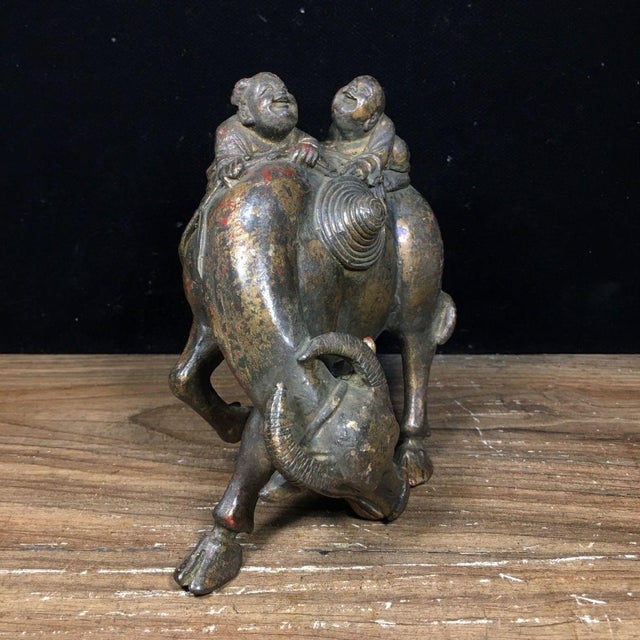Folk Art Vintage Solid Bronze Figurine of a Boy and Water Buffalo For Sale - Image 3 of 7