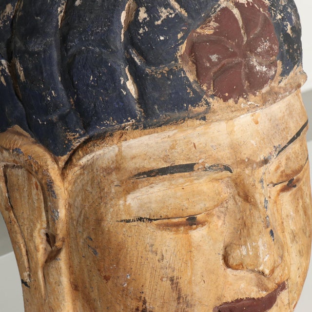 Early 20th century Large Scale Carved Polychrome Burmese Buddha Head Bust For Sale In Tampa - Image 6 of 10