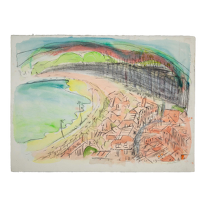 Mid Century Watercolor and Charcoal Artwork, Town by Bay, Signed
