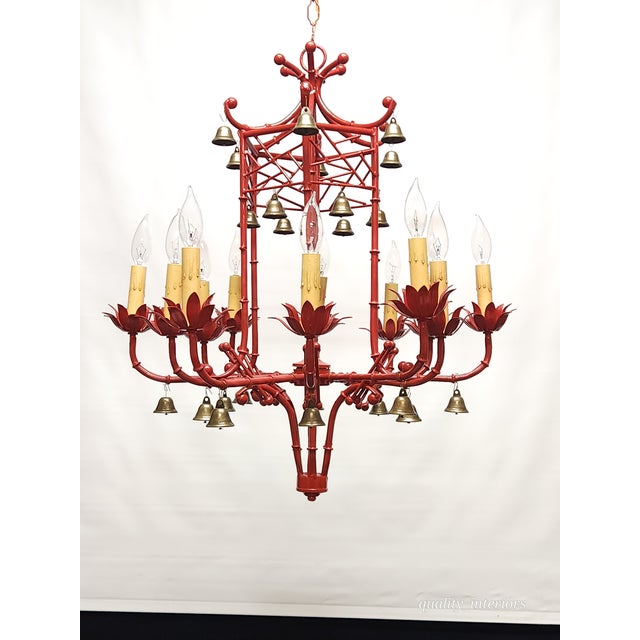 Red Immense Vintage Italian Tole Faux Bamboo Pagoda Lattice Brass Bell Chandelier ~ Rewired ~ Restored ~ Rejuvenated ~ Ready to Hang ~ For Sale - Image 8 of 12