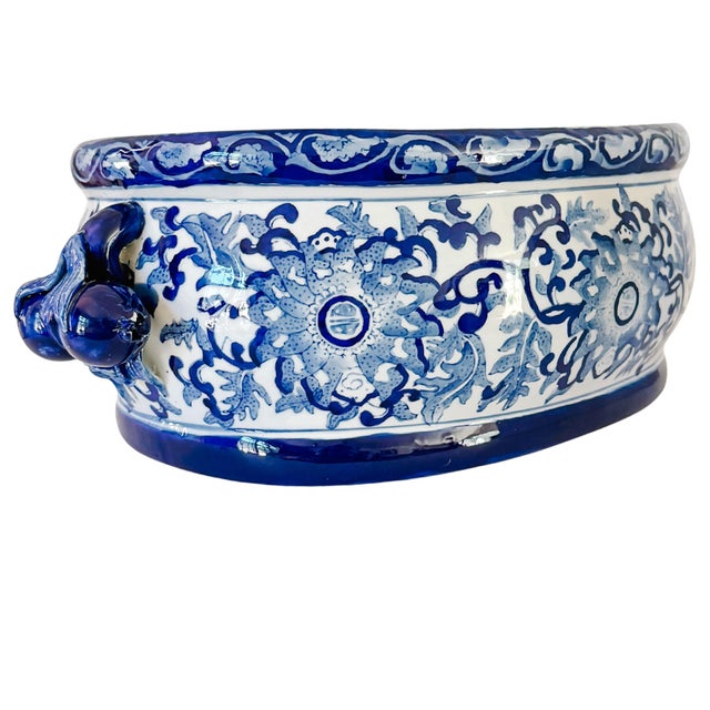Late 20th Century Large Chinoiserie Blue & White Porcelain Foot Bath Planter With Pomegranate Handles For Sale - Image 4 of 11