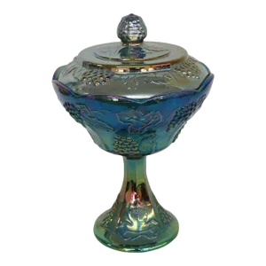 Indiana Harvest Grape Style Blue Iridescent Glass Candy Dish with Lid