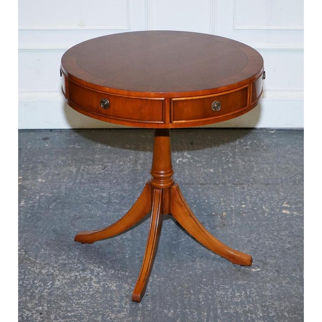 Vintage Yew Wood Circular Drum End Side Lamp Table For Sale - Image 3 of 11