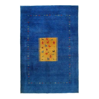 2020s Pasargad Blue & Gold Gabbeh Design Rug For Sale