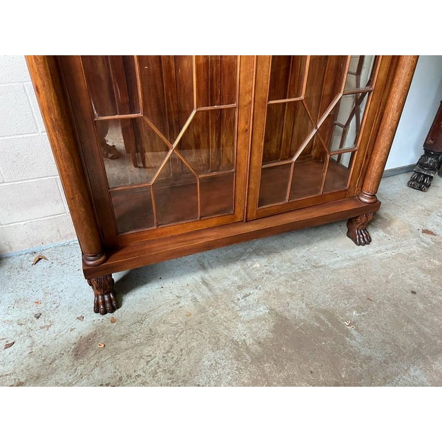 Wood Antique American Empire Carved Wood Double Glass Door Bookcase For Sale - Image 7 of 11