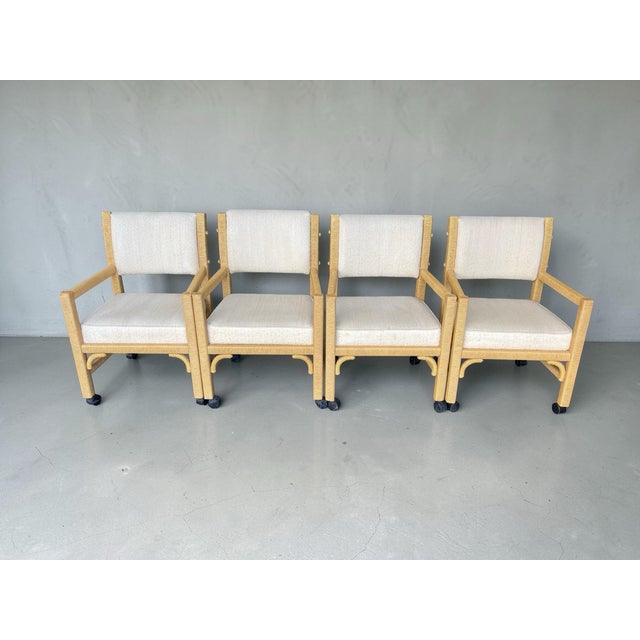 Wood Vintage Henry Link Wrapped Rattan Dining Armchairs on Casters – Palm Beach Style | Set of 4 For Sale - Image 7 of 12