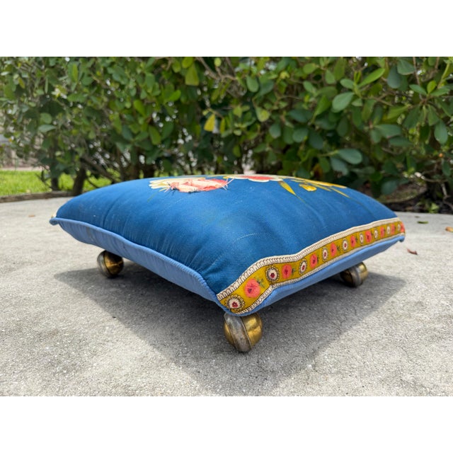 Blue Vintage Floral Upholstered Footstool on Brass Ball Casters For Sale - Image 8 of 13