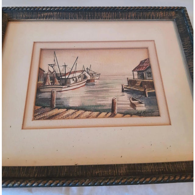 Vintage Framed Watercolor Boats Dock Painting Signed For Sale - Image 4 of 6