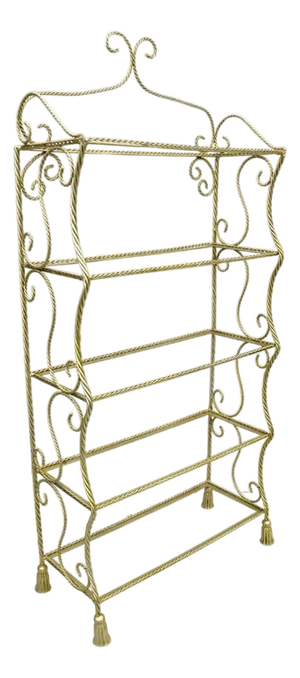 Vintage Italian Hollywood Regency Silver Gilt Iron Rope & Tassel 5 Tier Etagere