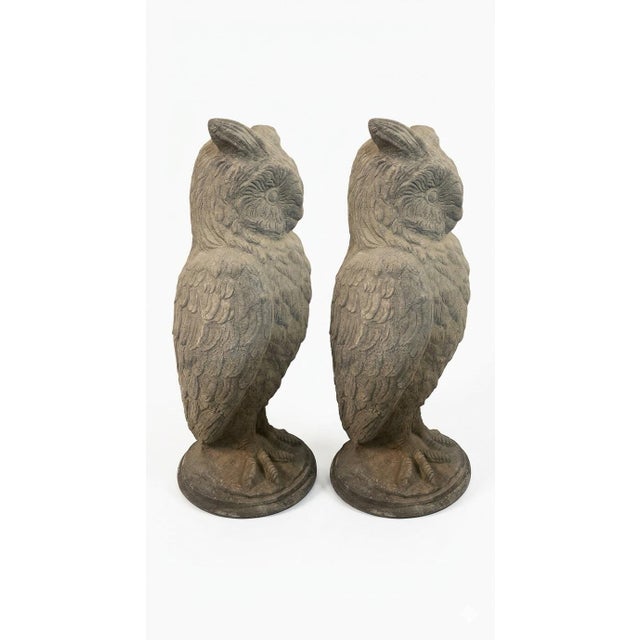English A Pair of Vintage English Cast Stone Great Horned Owls For Sale - Image 3 of 8
