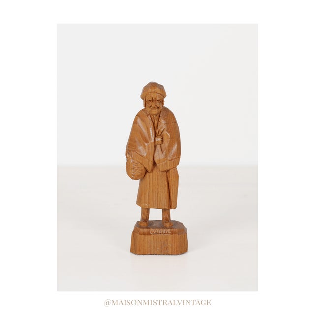 Brown 1970's Caron Hand-Carved Wood Figurine of Elderly Woman With Basket For Sale - Image 8 of 8