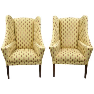 Late 20th Century Custom Pineapple Printed Yellow Fabric Wingback Chairs- A Pair For Sale