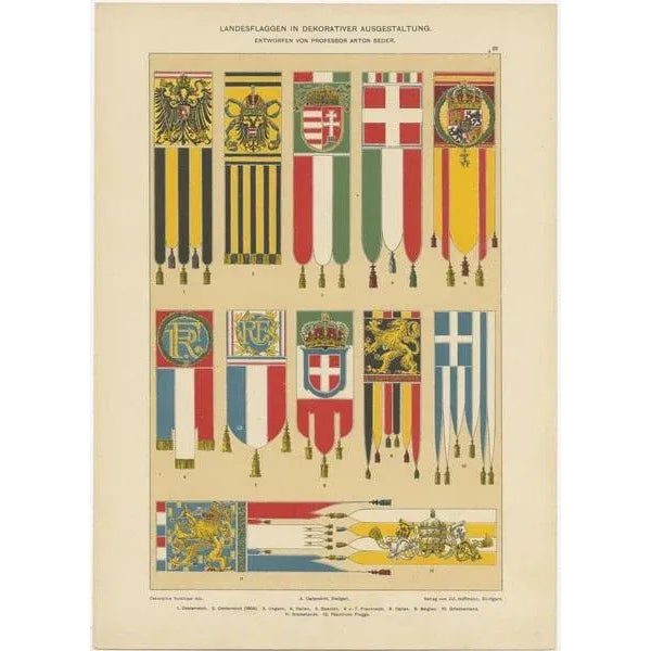 Antique print titled 'Landesflaggen in dekorationer Gestaltung'. This chromolithograph shows flags of various countries...