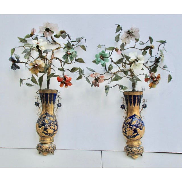 Chinese Antique Late MIng Chinese Enameled Wall Vase With Jade Flowers Circa 1880s For Sale - Image 3 of 11