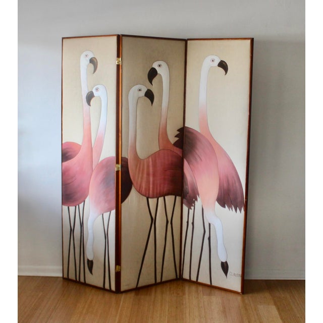 Vintage Hand Painted Flamingos Three Panel Screen Room Divider For Sale - Image 9 of 18