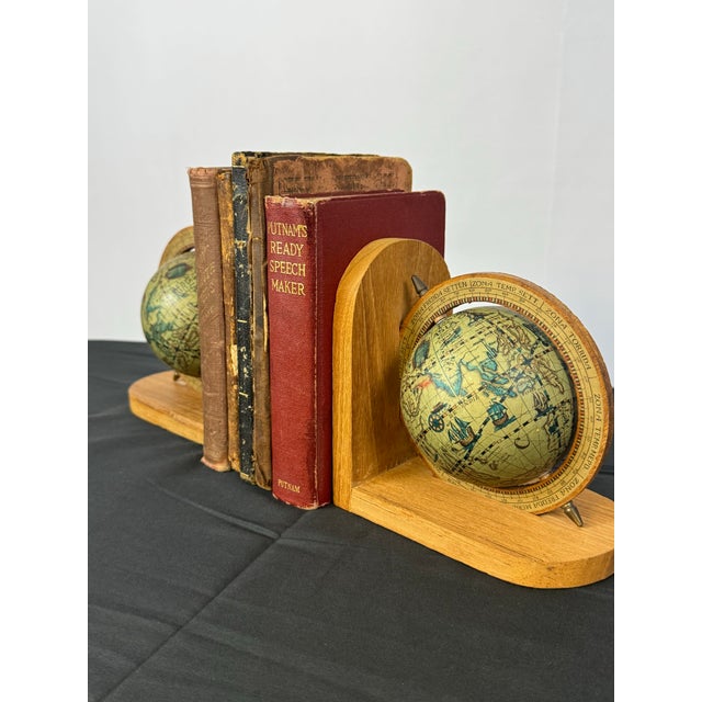 Pair of MCM Wood Bookends. 1960s Vintage Old World Rotating Globe Map Made in Italy For Sale - Image 4 of 7
