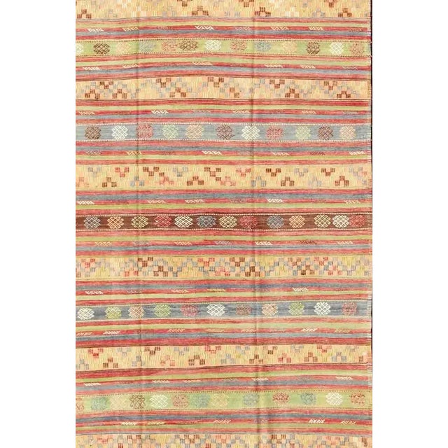 Tribal Mid 20th Century Large Multicolored Vintage Turkish Kilim Rug With Geometric Shapes and Stripes Design For Sale - Image 3 of 13