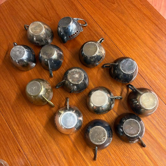 Argentor Vienna Silver Plate Cups and Saucers, Attributed to Josef Ofner 13 Cups, 11 Saucers, 3 Glass Inserts For Sale - Image 11 of 11