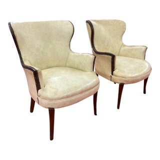 Mid Century Off White Wide Wing Chairs With Nail Heads For Sale