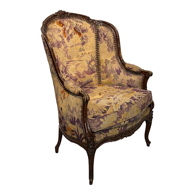 French Bergere Chair With 19th Century Tapestry Upholstery, French 1920's For Sale