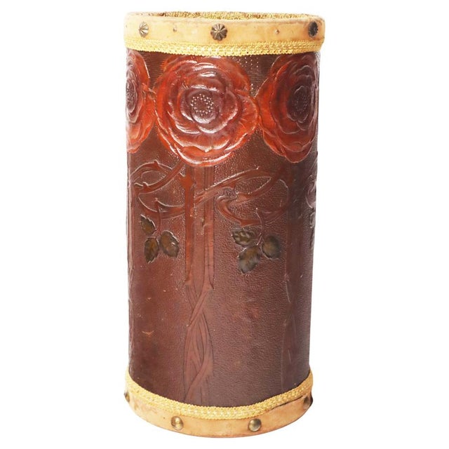 Art Nouveau Umbrella Stand Basket Embossed Leather Decorated Red Roses, 1900 For Sale - Image 17 of 17