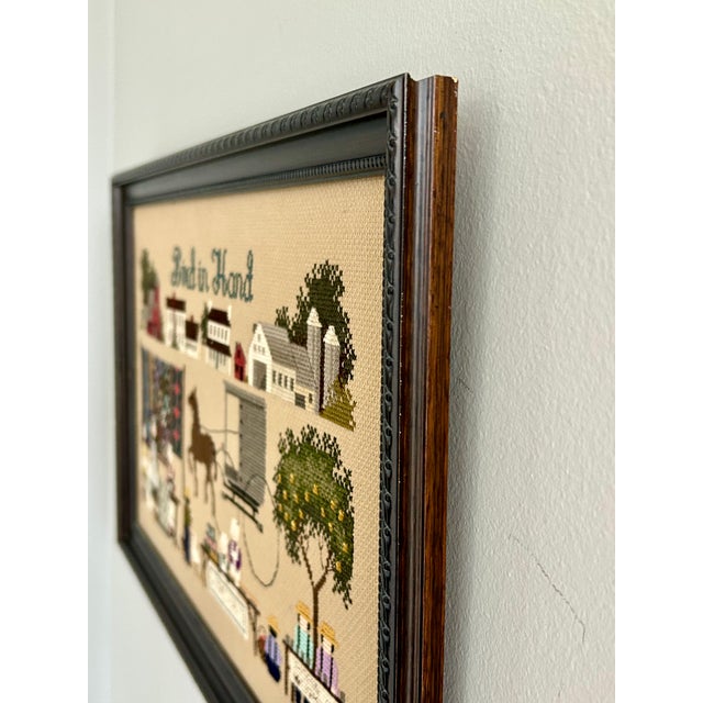 Vintage “Bird in Hand” Counted Cross Stitch by Told in a Garden – Amish Village Folk Art Needlework, Framed Handmade Textile For Sale - Image 4 of 6