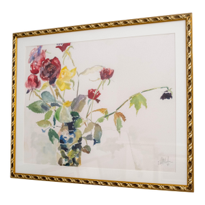 Abstract Yellow & Red Roses in Vase Watercolor Painting Signed