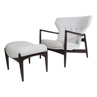 Mid 20th Century Restored Ib Kofod Larsen Highback Lounge Chair and Ottoman in New Fabric For Sale