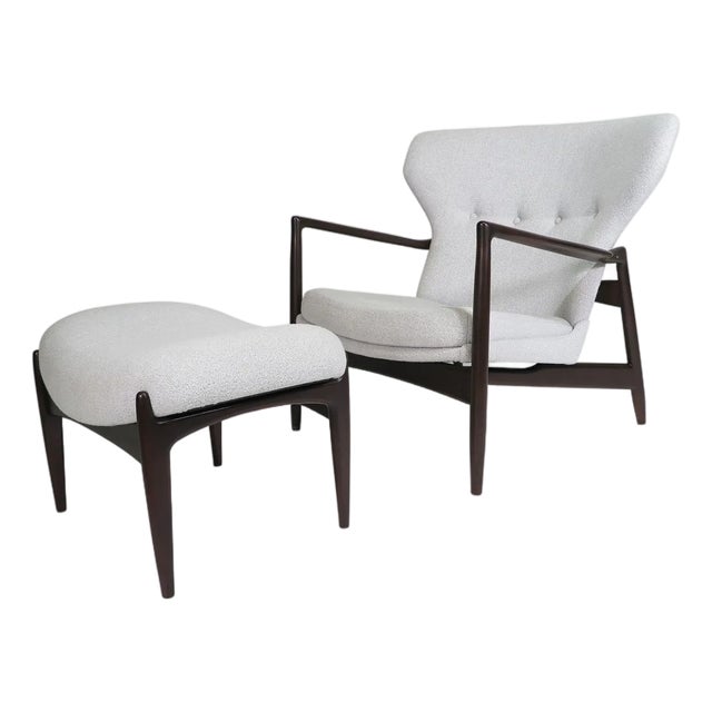 Mid 20th Century Restored Ib Kofod Larsen Highback Lounge Chair and Ottoman in New Fabric For Sale