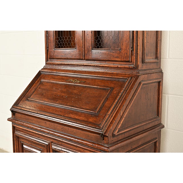 Guido Zichele Style Italian Provincial Carved Walnut Drop Front Secretary Desk With Lighted Bookcase Hutch, Circa 1970s For Sale - Image 12 of 18