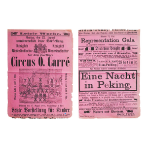 1881 German Circus Poster (Pink) - 'Circus O. Carré,' 'Eine Nacht in Peking (A Night in Peking)' (Pair)