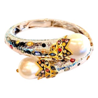BOCHIC “Orient” Vintage Bangle Set 18K Gold & Silver, Pearls & Sapphires For Sale