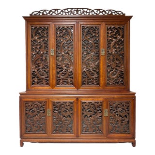 Vintage Rosewood China Cabinet - Hand Carved Fire Dragons, Asian Brass Hardware, Glass Doors, Oriental Display Hutch, Rare Chinese Furniture For Sale