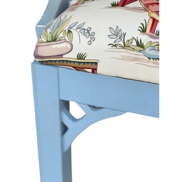 Chinese 1980s Pair Newly Upholstered Blue Chinese Chippendale Chairs in Schumacher Tientsin Toile For Sale - Image 3 of 17