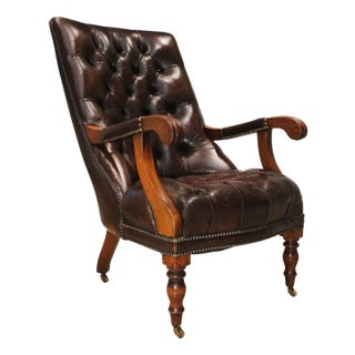William IV Brown Leather Chesterfield Library Chair on Castors For Sale