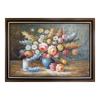 Large Floral Still Life Original Oil Painting on Canvas Signed W. Adams Framed For Sale