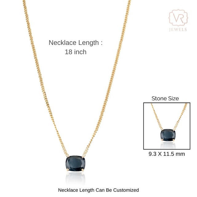 Cushion Cut 5.2ct Blue Sapphire Solitaire Necklace in 14k Yellow Gold Curb Chain For Sale - Image 12 of 16