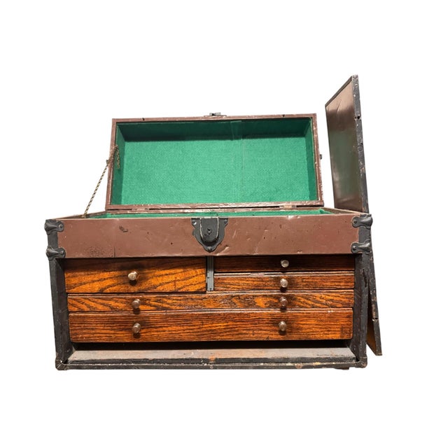 Antique 19th C. Machinists Quarter Sawn Oak 5-Drawer Toolbox Chest With Removable Facing For Sale - Image 4 of 11