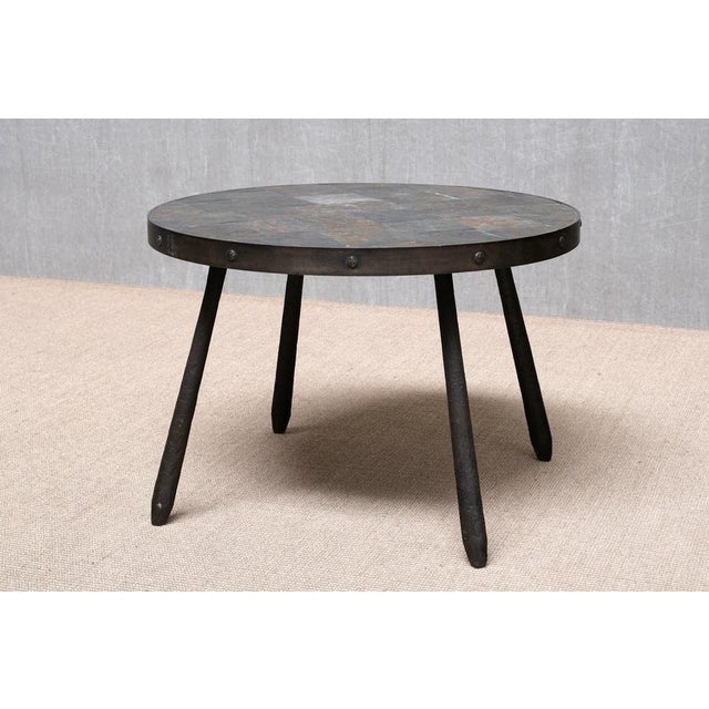 French Brutalist Round Side Table in Wrought Iron and Slate, 1970s For Sale - Image 7 of 13