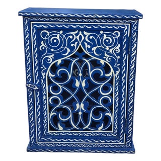 Hand Painted Mediterranean Medicine Cabinet / Wall Shelf / Navy Blue and White Zouak For Sale