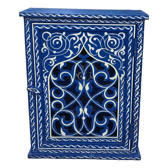 Hand Painted Mediterranean Medicine Cabinet / Wall Shelf / Navy Blue and White Zouak For Sale