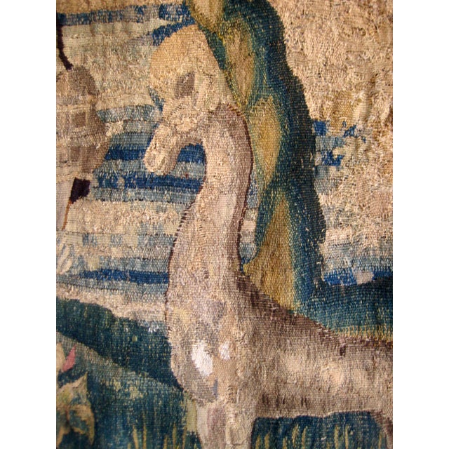 Flemish Verdure Tapestry Two Herons Eating a Frog , Fantasized Giraffe and Boat , Circa 1700 For Sale - Image 6 of 18