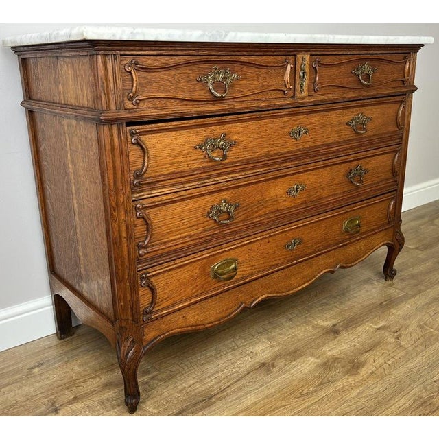 Antique French Oak Marble Top Chest of Drawers For Sale - Image 3 of 16