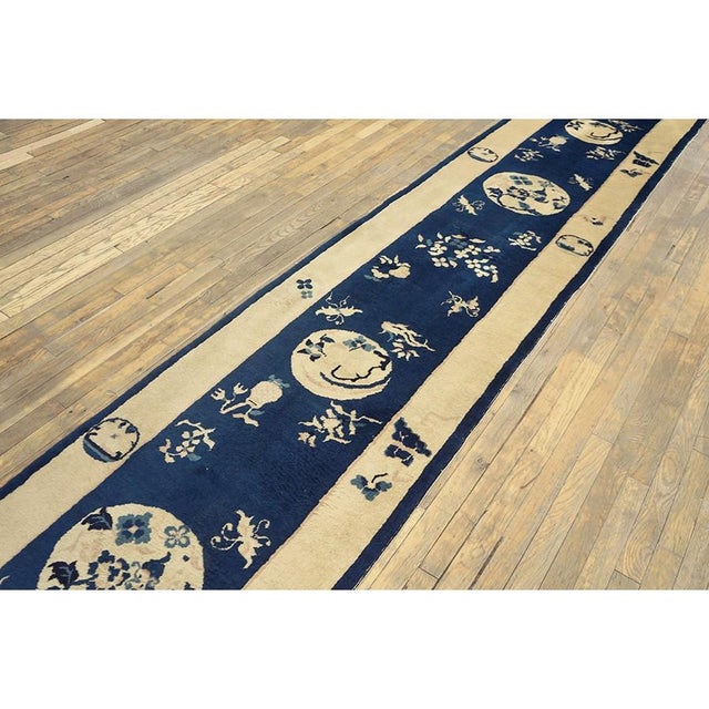 1880s Blue Floral Antique Imperial Traditional Chinese Peking Rug Knotted Runner For Sale In New York - Image 6 of 6
