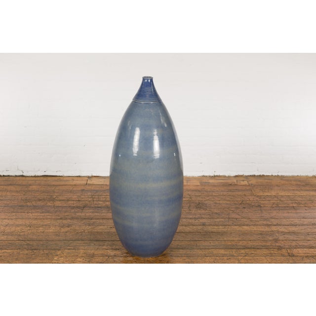 Artisan Made Prem Collection Tall Blue Glazed Vase with Striated Motifs For Sale - Image 4 of 12
