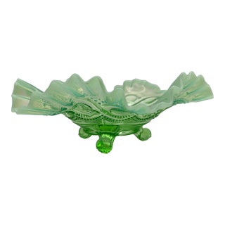 Mid 20th Century Northwood Green Opalescent Beaded Cable Footed Candy Trinket Dish For Sale