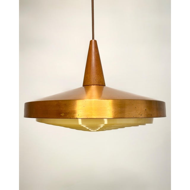 Mid-Century Danish Copper Pendant Lamp with Teak Top and Sculptural Acrylic Diffuser, 1960s For Sale - Image 3 of 9