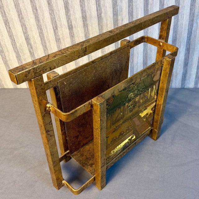 Hollywood Regency Mid 20th Century Hollywood Regency Italian Gold Gilt Magazine Rack With Chinoiserie Panels For Sale - Image 3 of 10