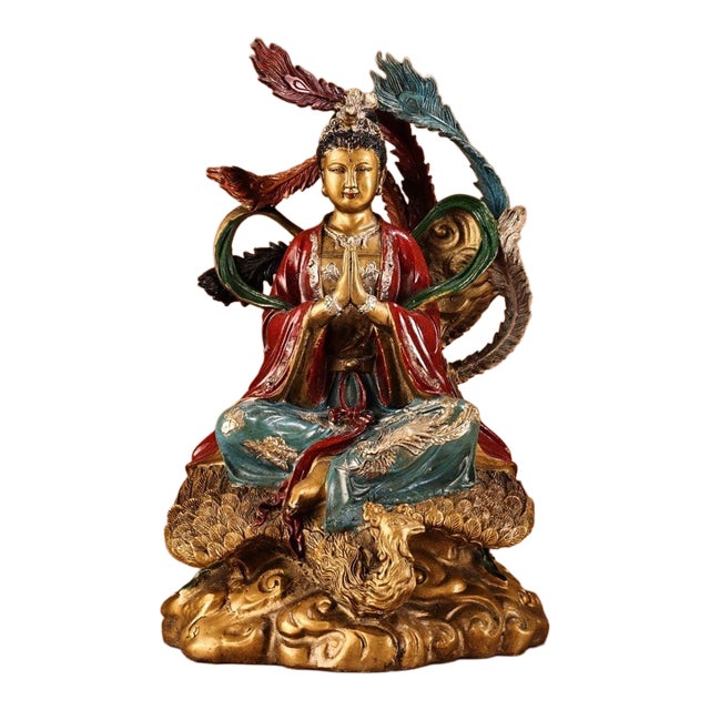 Vintage Painted Bronze Sculpture of Goddess With Phoenix, Gilded & Polychrome Relief Statue For Sale