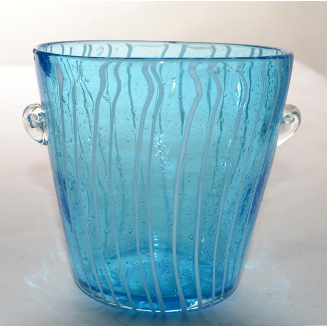 1970s Vintage Venini Style Blown Glass Light Blue White Wine Cooler Martini Ice Bucket Italy For Sale - Image 12 of 12